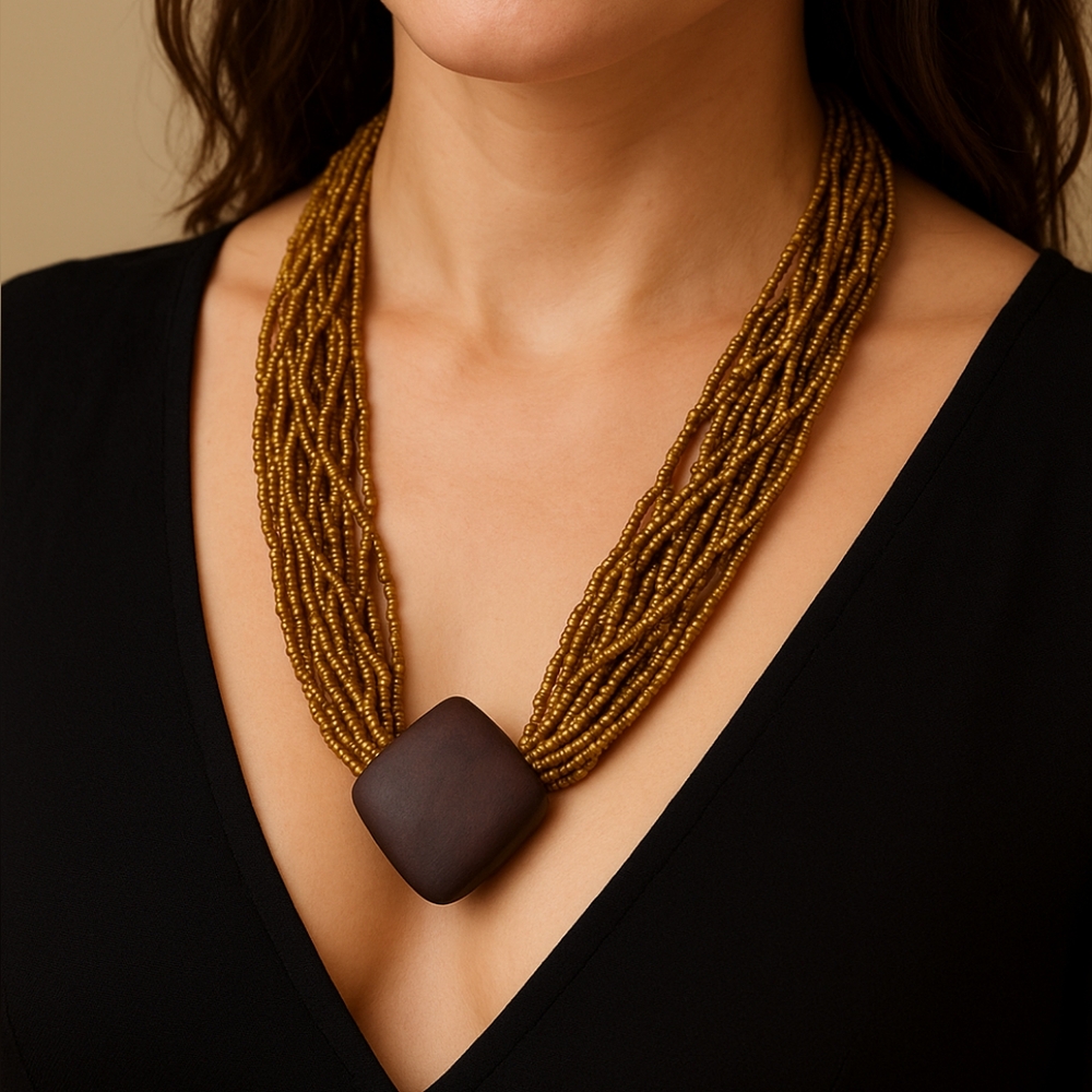 Gold Beaded Necklace with Brown Pendant - Picture 1 of 4